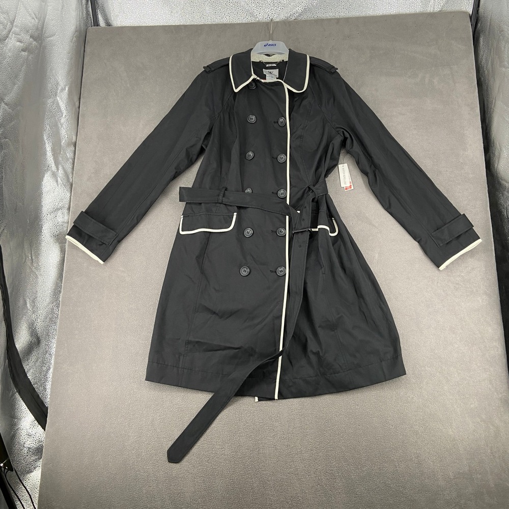 Worthington Womens Black White Piping Belted Trench Coat Water Repellent XL NWT